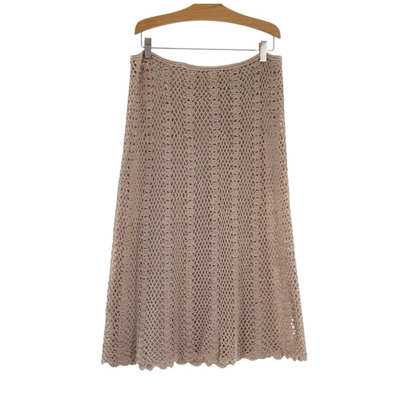 Women’s Medium Beige Crochet Knit A-Line Skirt Boho Midi Scalloped - Picture 6 of 6